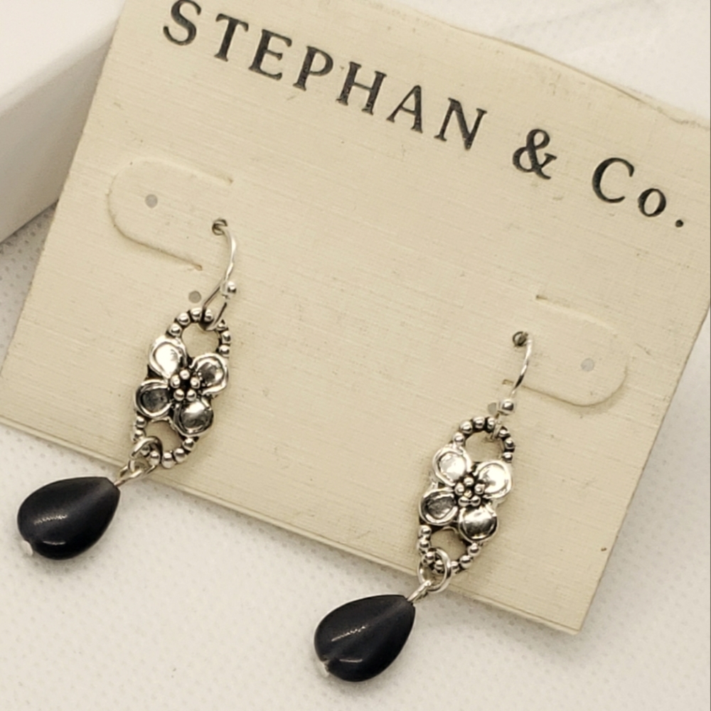 Silver with black agate dangling earrings